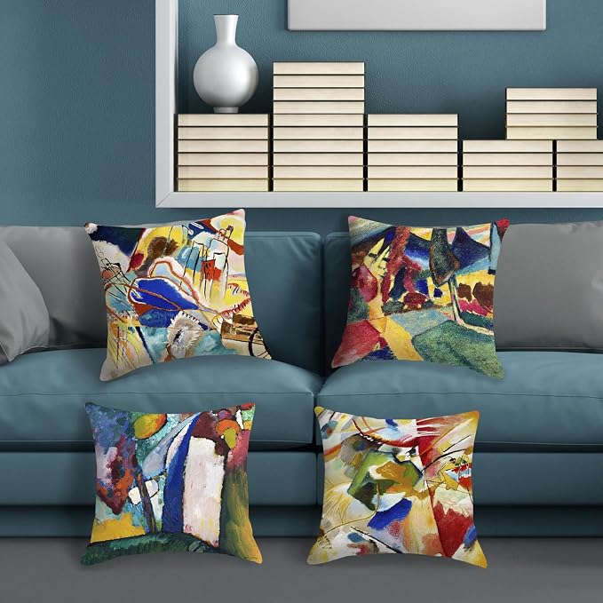 Wassily Kandinsky Abstract Pillow Covers 18x18 Inch Set of 4 Landscape with Two Poplars The Waterfall Painting Decorative Cushion Covers for Sofa Couch