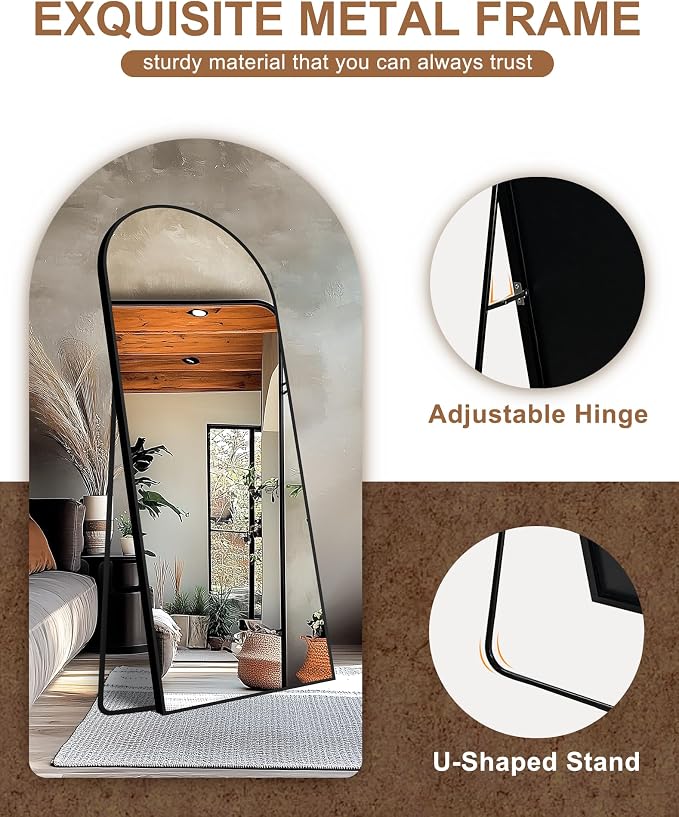 Arched Full Length Mirror with Stand, 75x35 Black Floor Mirror | Aluminium alloy frame with HD float glass for distortion-free reflection. Free standing or wall mounted.