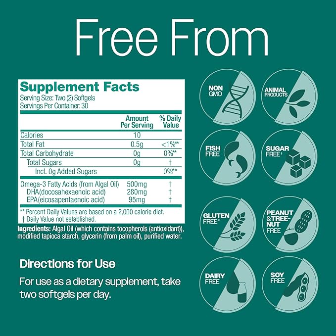OVEGA-3 Plant-Based Omega-3 from Algal Oil Daily Supplement, 500mg, Supports Brain, Eye & Heart Health, Two Mini softgels per Day, 60 Count (Pack of 2)
