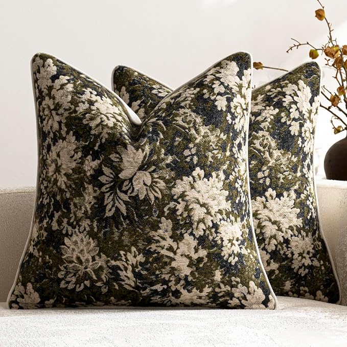 Pack of 2 Vintage Floral Throw Pillow Covers 18x18 Boho Farmhouse Accents Chenille Square Decorative Pillow Cases for Living Room Couch Bed Home Decor, Olive Green