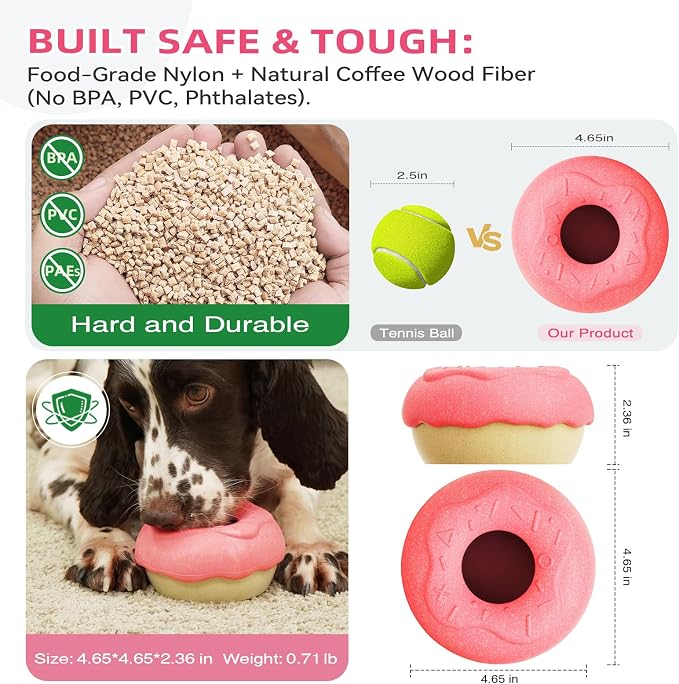 Dog Chew Toy for Aggressive Chewers, Freezable Lick Treat Dispenser, Stuffable Lick Toy, Interactive Enrichment, Long Lasting Puzzle Boredom Buster for Medium & Large Dogs - Pink Donut