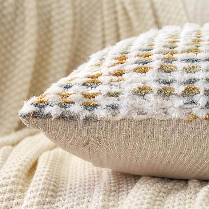 Aeckself Boho Chenille Tufted Pillow Cover 12 x 20 Inch, Rectangle Decorative Lumbar Throw Pillow Cover Neutral Pillowcase for Couch Bedroom Living Room, Yellow White