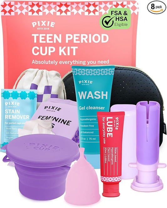 Pixie Cup Teen Menstrual Cup Kit - Best First Period Cup Starter Kit - Wash, 20 Wipes, Lube, Public Restroom Carry Cup & Storage Bag - Proven to Be What You Need to Become A Successful Cup User