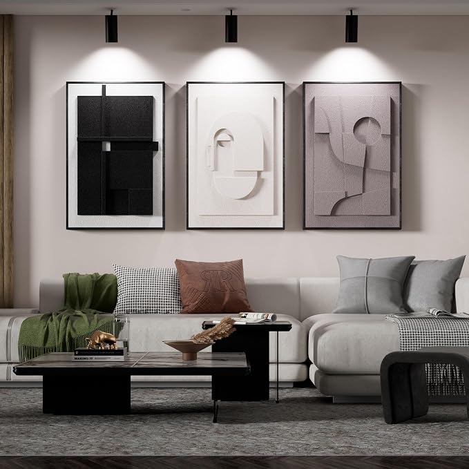 Thalasse Modern Abstract Wall Art Large Framed 3D Black Beige 24x36 In | Textured relief artwork, geometric sandstone plaster, living room entryway foyer decor, set of 3