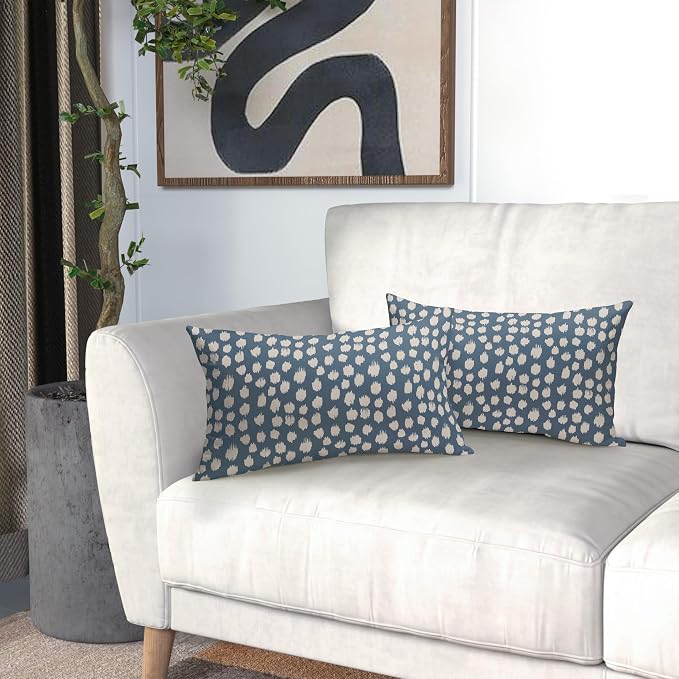 Dusty Blue Cream Dots Lumbar Pillow Covers 12x20 Set of 2 Boho Design Polka Dot Print Throw Pillows Modern Outdoor Decorative Pillowcase Rectangle Linen Cushion Cases Decor for Sofa Couch Bed