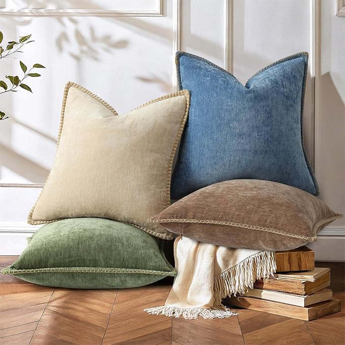 decorUhome Soft Chenille Throw Pillow Covers 16x16 Set of 2 Brown | Fall Textured Decorative Throw Pillow Cases Stitched Edge Modern Farmhouse Luxury Boho Velvet for Couch Sofa Bed Home Decor