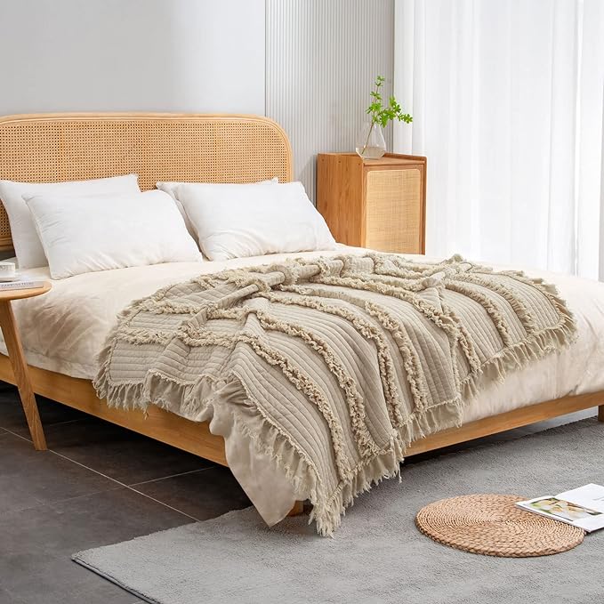 Ultra Soft Pre-Washed Quilted Boho Beige Twin Size Blankets for Bed, Ruffle Fringed Decorative Throw, Stone Washed Chic Rustic Blanket for Sofa Couch Bed, 60"*80"