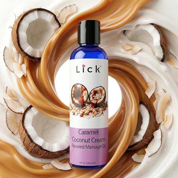 Lick Caramel Coconut Cream Flavored Massage Oil – Tropical Edible Massage Oil with Sweet Almond Oil & Vitamin E, Hydrating Body-Safe Formula for Relaxing Couples Massage, 4 oz