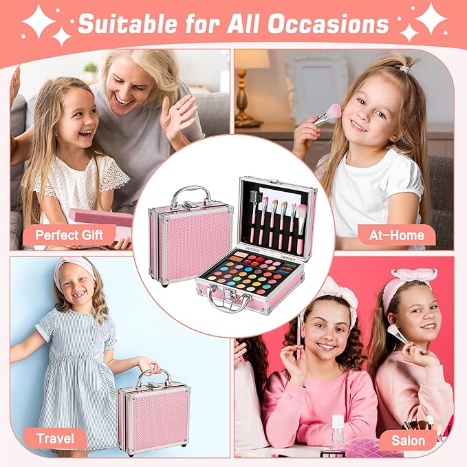 Anpro All-In-One Makeup Kit for Girls 10-12 with Case, Pro Teen Makeup Set, Tween Makeup Kit, Full Starter Make Up Kit with Brushes, Eyeshadow Palette, Blushes, Glitter Gel, Temporary Tattoo Stickers