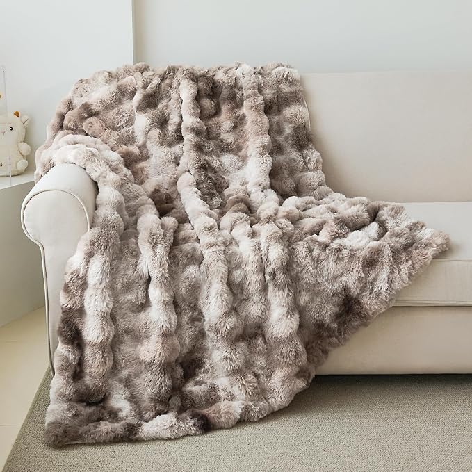 Faux Rabbit Fur Throw Blanket for Couch Gifts for Mom 50"x60" Tie-dye Brown | Cozy Reversible Fluffy Throw, Luxury Plush Thick Bubble Blanket, Mothers Gifts for Women, Soft Warm for Bed, Home Decor