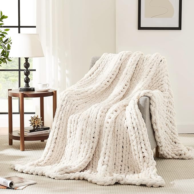 L'AGRATY Chunky Knit Throw Blanket for Couch, 80'' x 90'' Knit Throw, Ivory | Handmade Chenille Crochet Blanket for Sofa Bed, Thick Cable Knitted Blankets for Room Home Decor, Birthday Gift for Women Mom