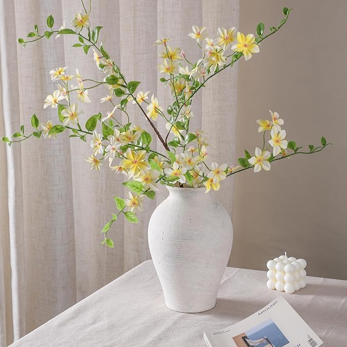 Ceramic Flower Vase Home Decor, 9 in Farmhouse Table Vase Rustic Vintage Living Room Kitchen Bedroom Pottery Decorative Vases for Flowers House Shelf Office Coffee Desk Dining Entryway Decor, White