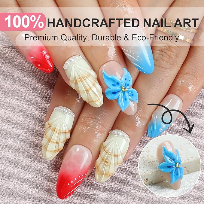 3D Floral Medium Almond Press on Nails - Delicate Blossom False Nails Handcrafted for Bridal & Special Occasions