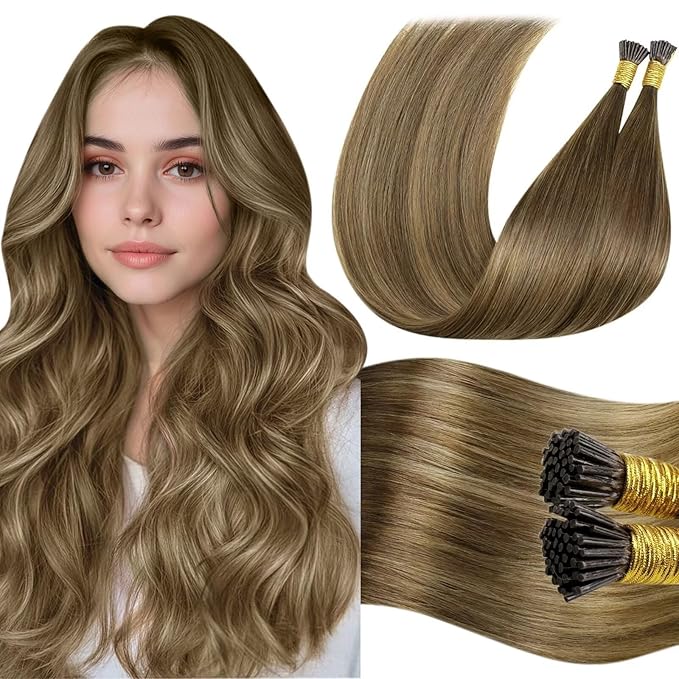 LaaVoo Itip Hair Extensions Human Hair Balayage Brown I Tip Hair Extensions Medium Brown Ombre Light Brown to Golden Brown I Tip Human Hair Extension Pre Bonded 18inch 100g 100s