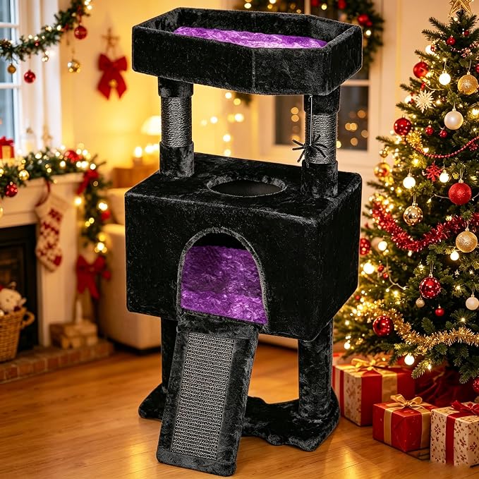 BEWISHOME Cat Tree Tower for Indoor Cats, Gothic Cat Trees with Coffin Bed | Cat Condo Cat House with Scratching Board, Cat Shelves with Spider Toy, Pet Play Activity Center Black with Purple, MMJ95Z