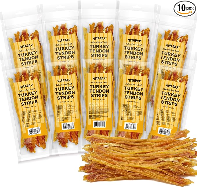 VITADAY All Natural Turkey Tendon Dog Treats Strips, 10-Pack | Long-lasting dog training treats, Rawhide-free made of USA-sourced turkey, 3 oz/Pack
