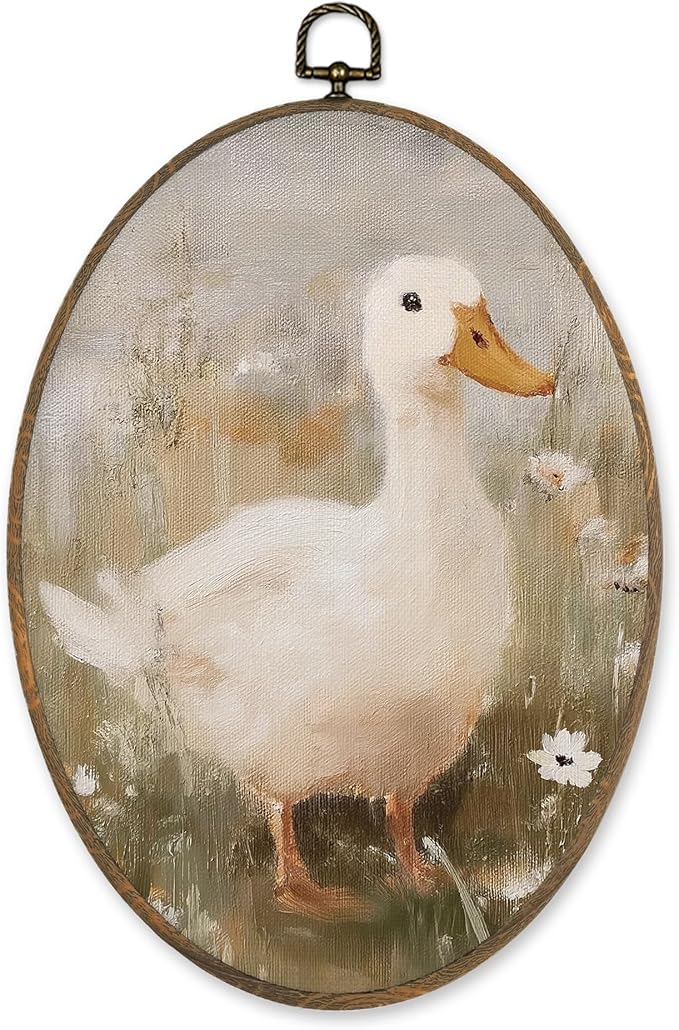 LKETW Vintage Farmhouse Duck Oval Wall Art Decor, Cottagecore Duck Wildflower Oval Canvas Hanging Decor, Rustic Farm Animal Wall Decorations for Home Bedroom Living Room, 8.6x11.4 Inch