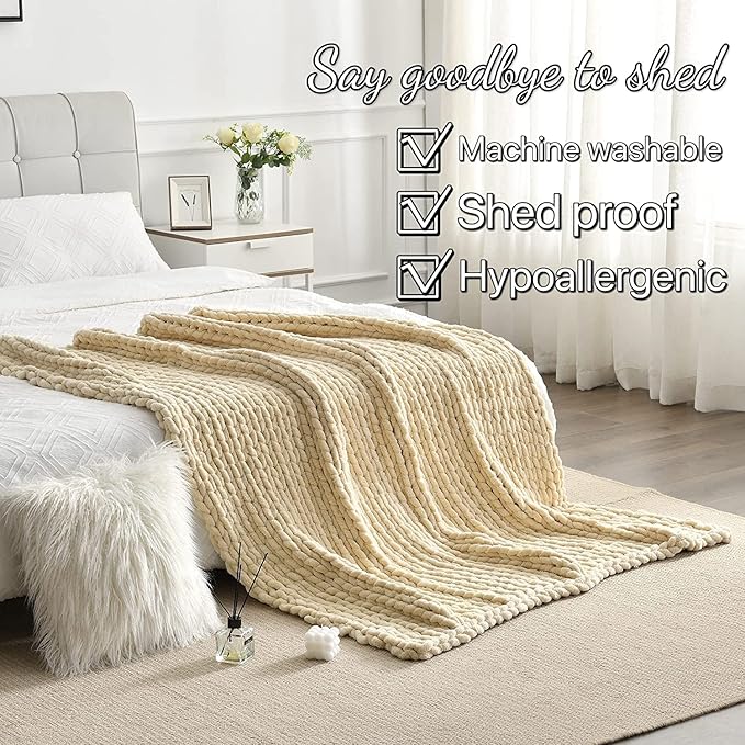 Maetoow Tighter Version Chenille Chunky Knit Blanket Throw,50×60,Beige