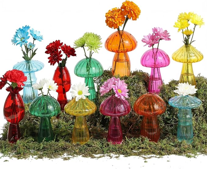 13 Pcs Glass Mushroom Vase Propagation Station with Hydroponic Plant and Artificial Fake Moss 6 Colored Plant Vase Table Centerpiece Decor for Forest Birthday Wedding Party Decoration (Bright Color)