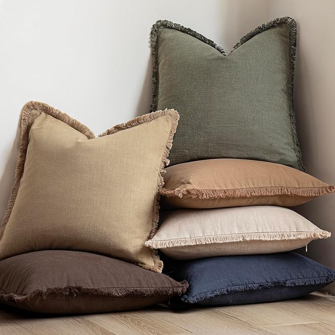 Foindtower Set of 2 Decorative Linen Fringe Throw Pillow Covers Boho Farmhouse Cushion Cover with Tassels Soft Accent Pillowcase for Couch Sofa Bed Living Room Home Decor,18×18 Inch,Reddish Brown
