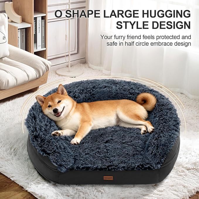 iweepet Fluffy Orthopedic Dog Beds for Large & Extra Large Dogs, 41" Calming Dog Sofa Bed with Supportive 28D Egg-Crate Foam, Removable Washable Cover, Waterproof Lining, for Puppy,Senior,Sick