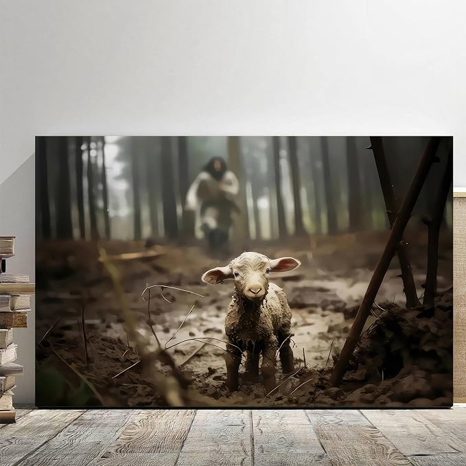 Framed Jesus Christ Wall Art Canvas Jesus and Lamb of God Christian Painting Prints Biblical Wall Decor Religious Room Decor for Church Prayer Room Christian Schools Hospitals 24'' x 36''