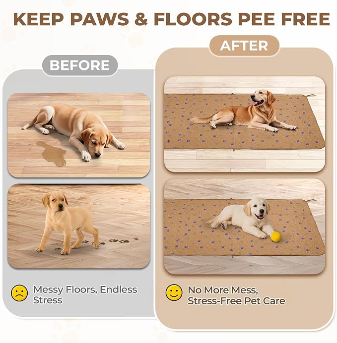 Fostanfly Washable Pee Pads for Dogs, Leak-Proof, 36"x72"-2 Pack, Brown | Ultra-Absorbent, Waterproof, Non-Slip, Large Reusable Pee Pads for Puppy Potty Training, Crate and Playpen with 8 Tie Straps