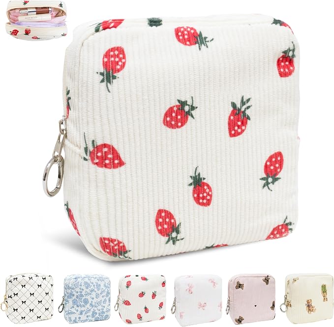 Period Bag for Girls, Corduroy Period Kit with Sanitary Pad Pouch, Menstrual Storage Bag and Tampon Holder for Purse, Girls School Essentials,Feminine Care Organizer(Strawberry)