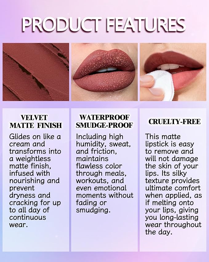 Matte Lipstick, Velvet Rouge Red Lip Stick Crayon Pencil, Waterproof Long Wear Lipstick 24 Hour High Pigmented, Smudge-proof Non-stick Hydrating Natural Lipgloss Christmas Makeup gift for Women-06