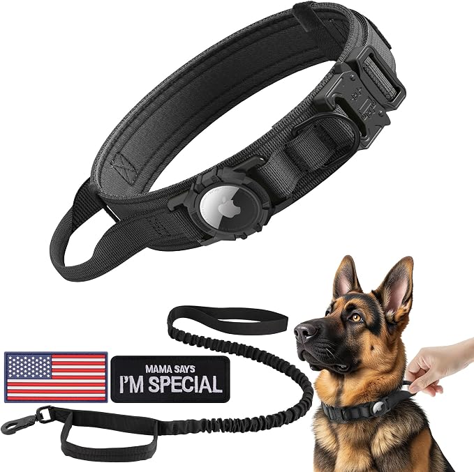Tactical AirTag Dog Collar Leash Set - Heavy Duty, Adjustable GPS Collar