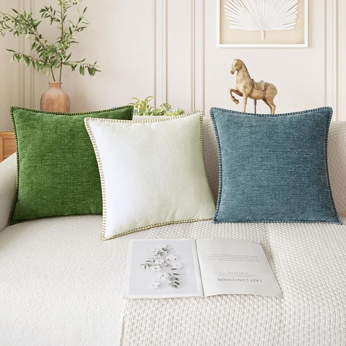 CaliTime Decorative Couch Throw Pillow Covers 24 X 24 Inches Forest Green | Pack of 2, Cozy Chenille Cushion Cases, Cotton Thread Stitching Edges, for Sofa Bed Living Room Farmhouse