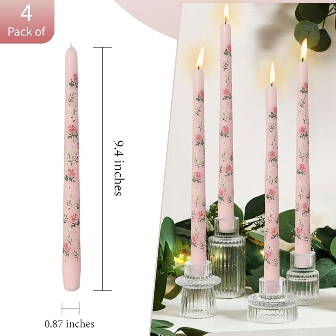 Rose Printed Taper Candle Smokeless- 4 Pack Handmade Pink Taper Candle - Dripless Uncented Candle 10 inches Long Flower Printed Tapered Candles for Mother's Day Home Wedding Restaurant Holiday Decor