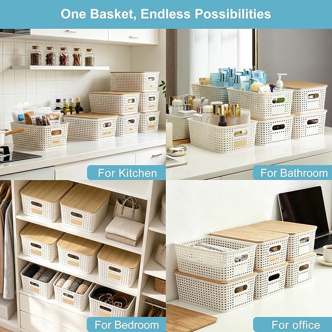 Small Plastic Storage Bins with Bamboo Lids 5.2qt Stackable Box Basket Pantry Decorative Containers Cute with Labels for Organizing Desktop Closet Office Cream White of 6 packs 10*7.2*4.1"