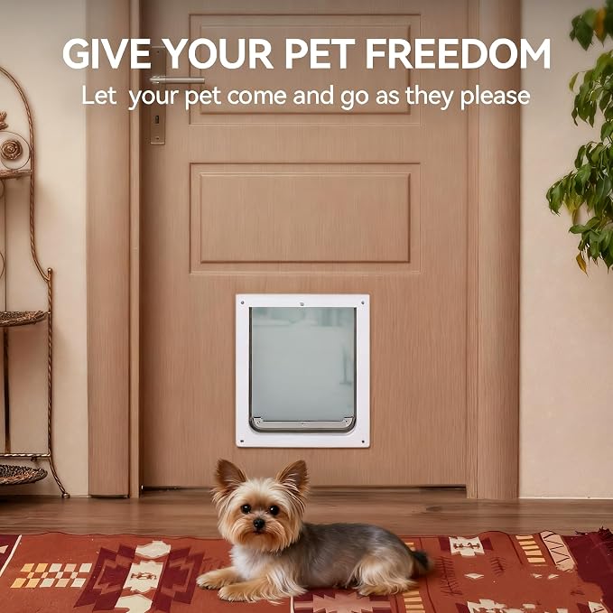 PAWISE 2 Way Dog Door, Lockable Doggy Door with Safe Metal Panel & Flexible Transparent Flap, Weatherproof & Easy Install Pet Door for Dogs and Cats, Quiet Design Dog Flap (9.8"x11.4")