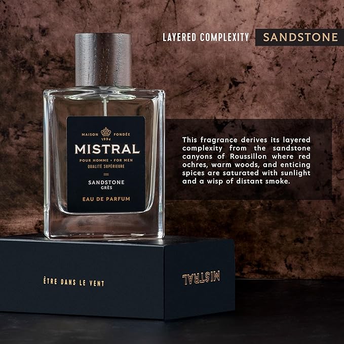 Mistral Men’s Cologne – Sandstone Eau de Parfum | Earthy & Spicy Masculine Scent with Lemon, Patchouli & Orange Blossom | Cruelty-Free & Long-Lasting Perfume for Men, Made in France - 3.4 Oz