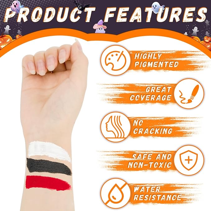 TonJin Black + White + Red Face Body Paint Set 5.28oz,Non-Toxic Professional Paint Palette Kit with 3 Brushes for Art Theater Halloween Party Cosplay Clown Corpse Paint SFX Makeup