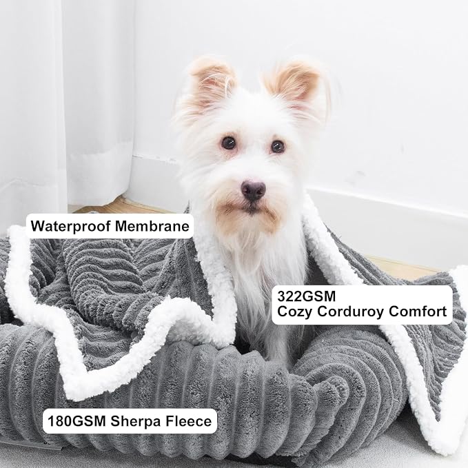 Waterproof Dog Blanket Dark Grey 40x50 in | Soft Pet Cat Blanket Cozy Calming Sherpa Corduroy Fleece Reversible Furniture Bed Protector for Dogs Cats Machine Washable