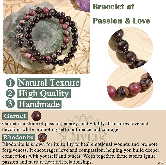 Bivei Natural Gemstone Semi Precious Healing Crystals Handmade Stretchy Round Beads Bracelet,Stocking Stuffers for Women Enhance Positive Energy