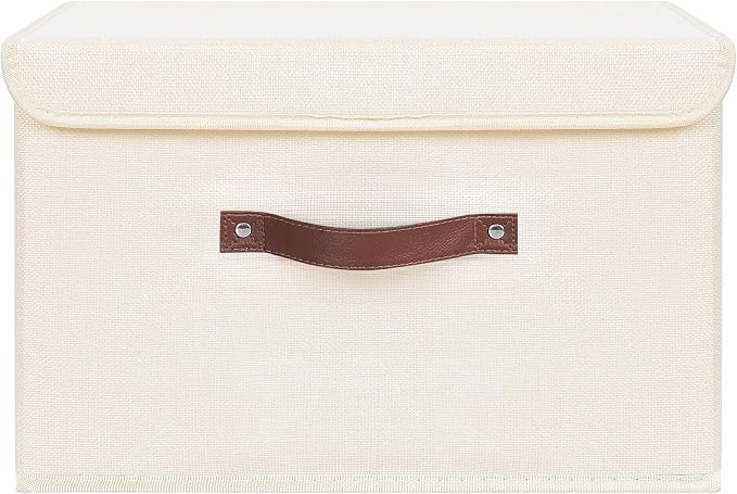 ANMINY Fabric Storage Box Bins with Lids, Beige, 15"x10"x10" | Keepsake Memory Storage, Cotton Linen, PP Board Reinforced, Washable, PU Handles, Foldable & Stackable, Decorative, Large