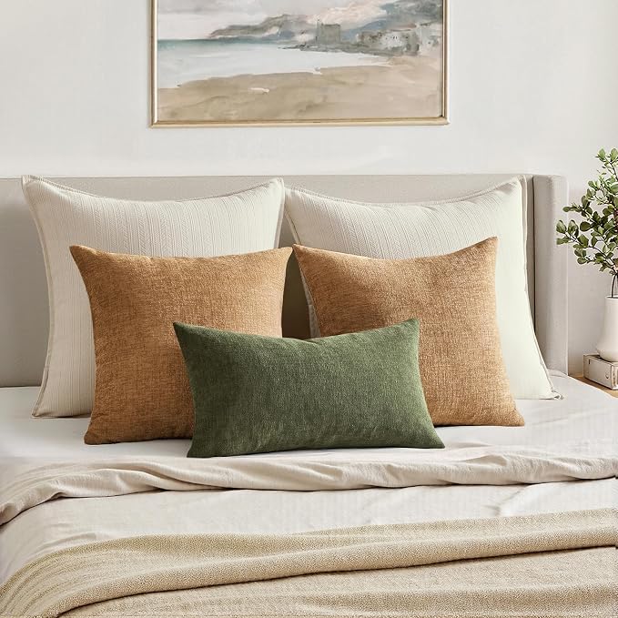 MIULEE Olive Green Chenille Couch Lumbar Throw Pillow Covers, 12x20 | Set of 2, Soft Modern Farmhouse Style, Decorative Pillowcases for Sofa Living Room Bed, Home Decor