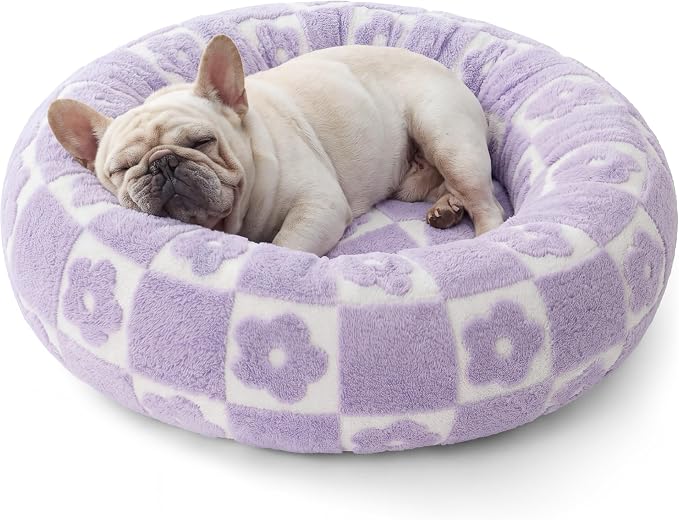 LE SURE Shown on TV Jacquard Donut Dog Beds Medium,Flower Checks 30x30x8in | Orthopedic Calming Pet Bed Sofa, Original Design Pattern,Washable Cover,Cute Home Decor as Gift for Pet,Anti Slip Bottom