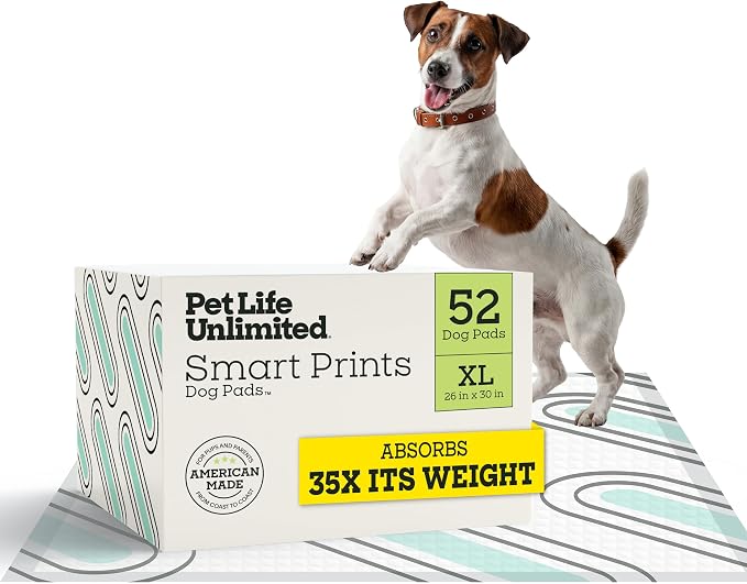 Pet Life Unlimited Smart Prints XL Puppy Pads for Dogs, Potty Training Pee Pads, 52 Count, 26" x 30", Leak-Proof, Super Absorbent, Quick-Dry, Patterned Pads with Odor Control, Made in USA