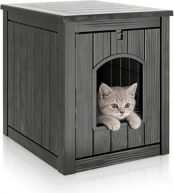KAMABOKO Cat Litter Box Enclosure, Waterproof Plastic Hidden Litter Box Furniture with Openable Door, Multi-Functional Cat Furniture for Living Room Bedroom (Black)