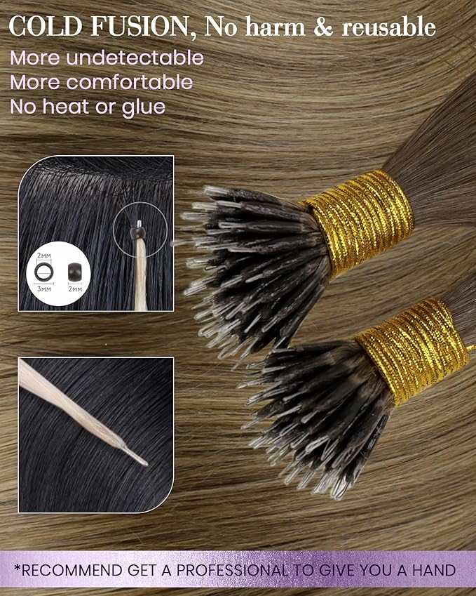 LaaVoo Nano Ring Hair Extensions Ombre Brown to Light Brown Mix Golden Brown Nano Bead Hair Extensions Brown Nano Extensions Human Hair 50s 50g 18in