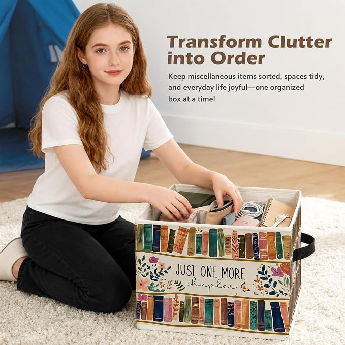Floral Bookish Storage Box Bins, Book Lover Reader Gifts, Just One More Chapter Collapsible Storage Basket Organizer for Reading Room Corner Home Library Clothes Books