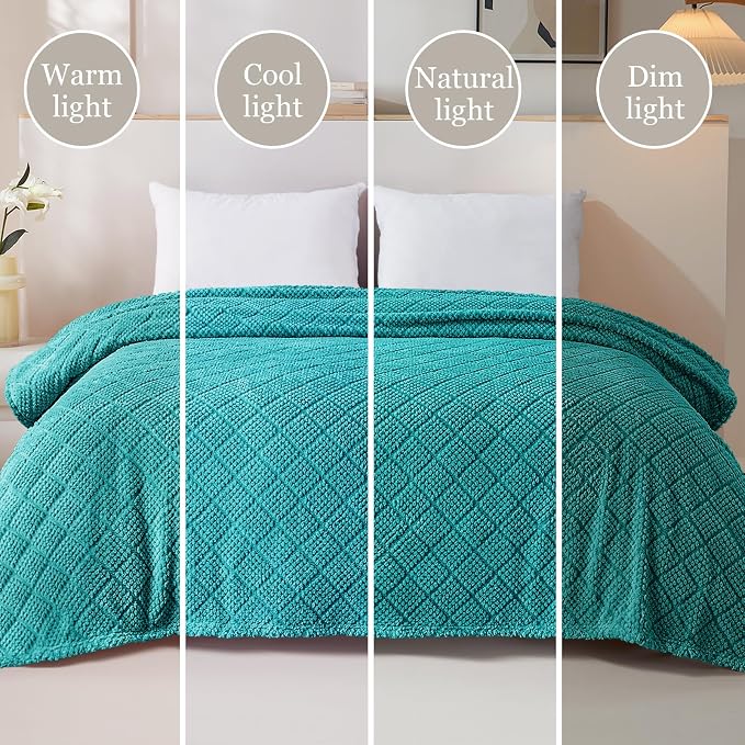 Whale Flotilla Soft Fleece Queen Size Blanket for Bed, Teal | Jacquard Waffle Blankets for Home Decor, Lightweight and Cozy, All Season Suitable, 90x90 Inch