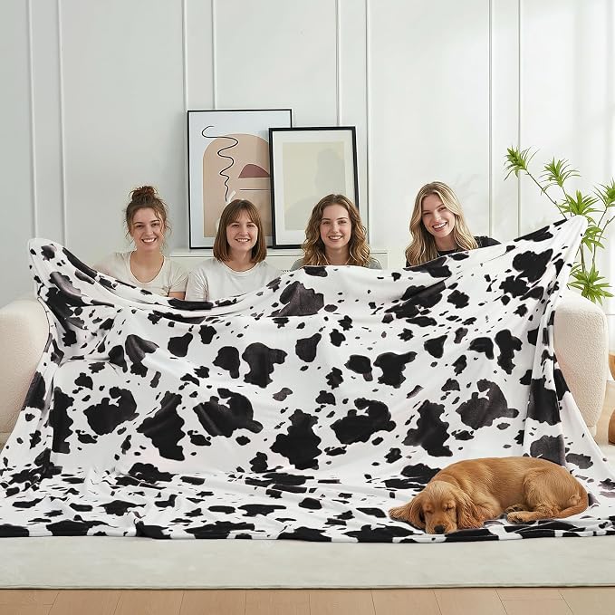Cozy Bliss Cow Print Throw Blanket for Bed - Super Fuzzy Thick Soft Warm Fleece Blankets for Couch & Room Décor, for Women Men Girls Kids, Black & White Queen Size 90"*90"