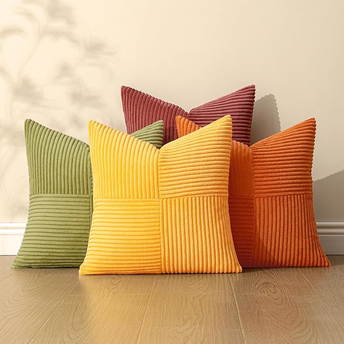 MIULEE Fall Yellow Orange Rust Throw Pillow Covers 20x20 Inch 4 Packs Boho Farmhouse Decorative Color-Clash Pillow Cases Soft Cushion Cases for Couch Sofa Bed Corduroy Striped Home Decor