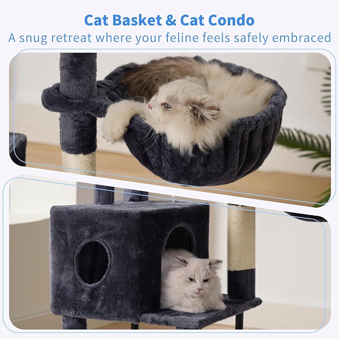 Heybly Cat Tree with Toy, 49.2 inch Cat Tower for Indoor Cats HCT200SG | Spacious Cat House Condo with Hidden Space，Soft Plush Top Perch，Cozy Hammock and Sisal Scratching Posts, Smoky Gray