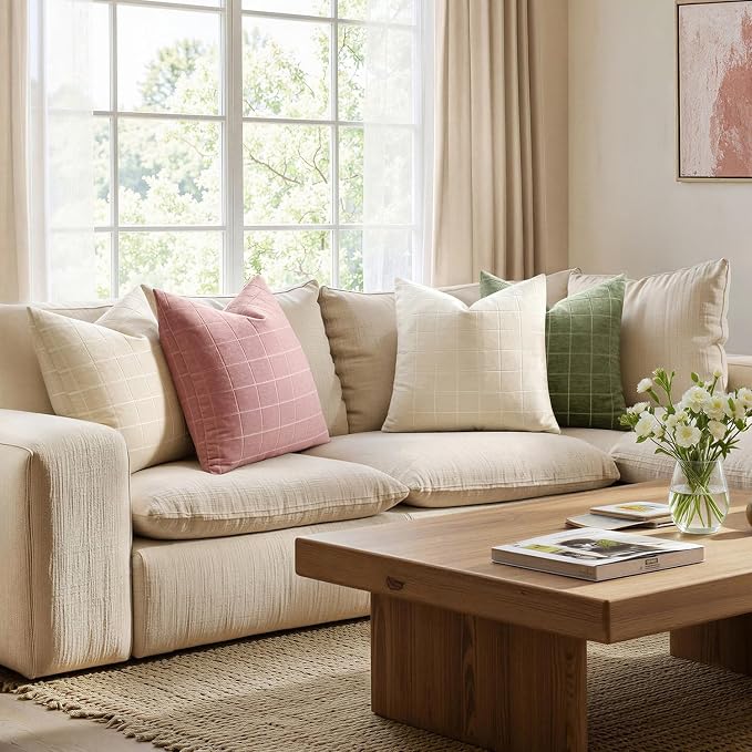 MIULEE Blush Pink Plaid Decorative Throw Pillow Covers 20x20 Set of 2 | Vintage, Check Chenille Couch Pillows, Neutral Boho Farmhouse Cushion Covers, Modern Home Decor for Sofa Bed Living Room